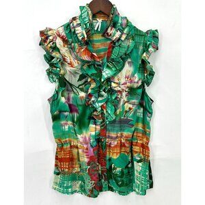 Lapis Blouse Womens Sleeveless Button Down Ruffle Floral Abstract Green Red L